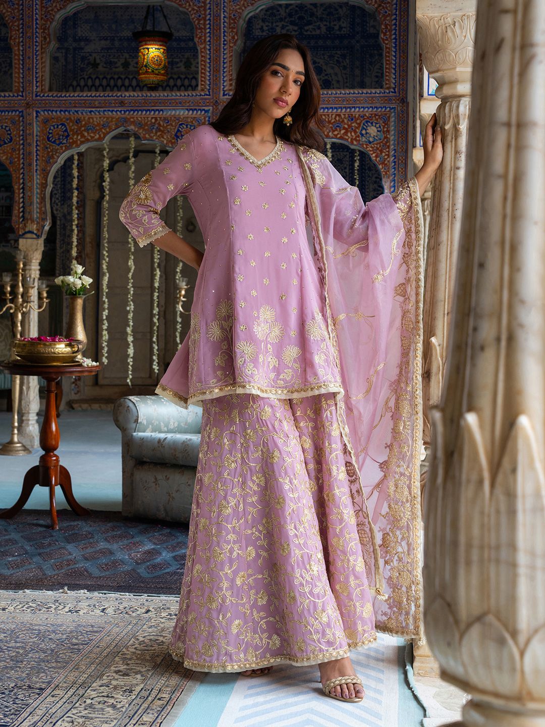 WISHFUL Floral Embroidered Sequinned V-Neck Panelled A-Line Kurti With Sharara & Dupatta-image-8