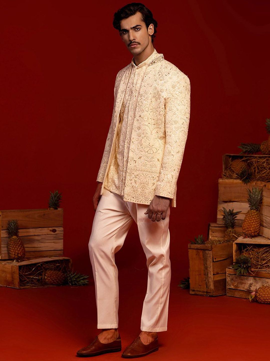 KALPRAAG Floral Embroidered Mandarin Collar Sherwani-picture-36