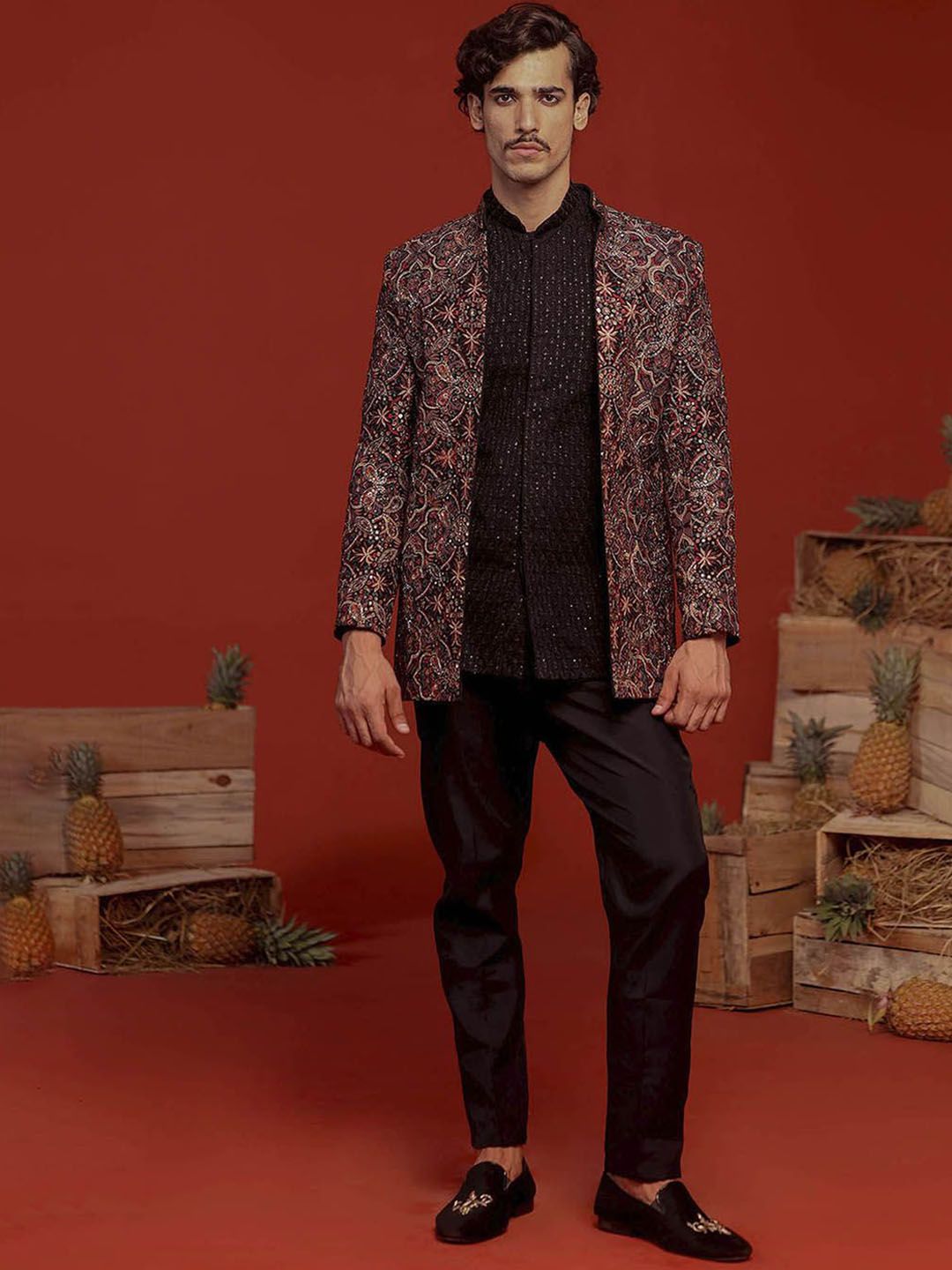 KALPRAAG Embroidered Mandarin Collar Straight Kurti With Trouser & Jacket-picture-55