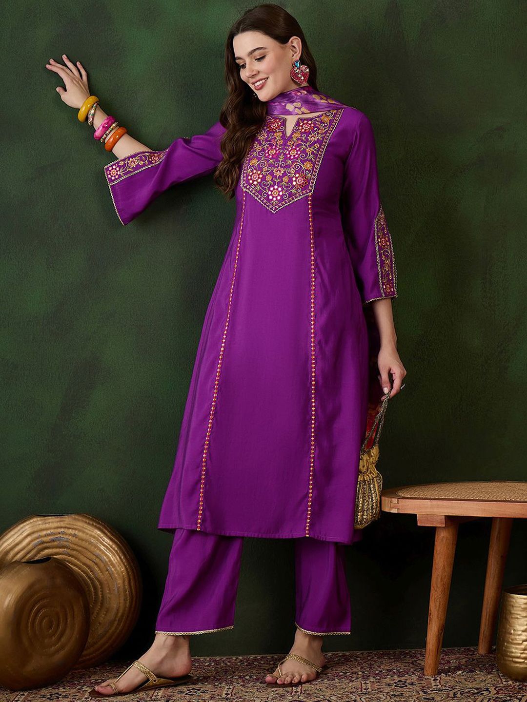 Sangria Purple Floral Embroidered Mirror Work  A-Line Kurta With Trouser And Dupatta