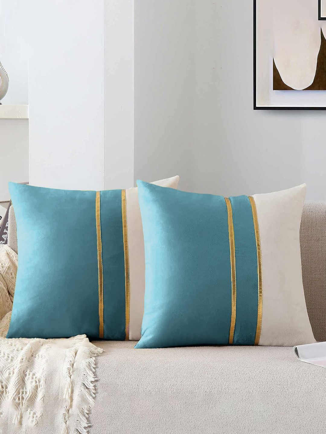 AEROHAVEN Blue & White 2 Pieces Colourblocked Velvet Square Cushion Covers-picture-30