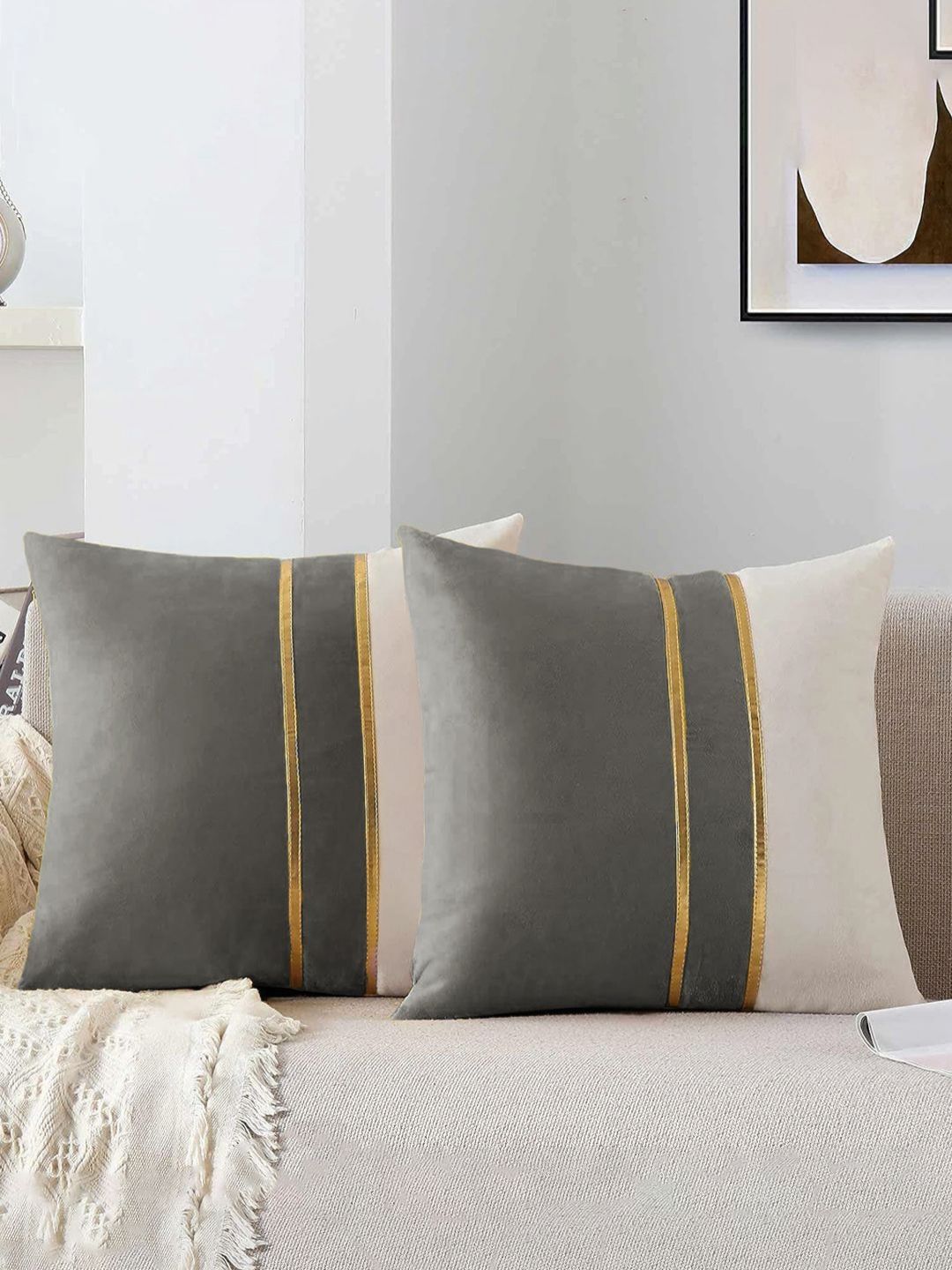 AEROHAVEN Grey & White 2 Pieces Colourblocked Velvet Square Cushion Covers-picture-51