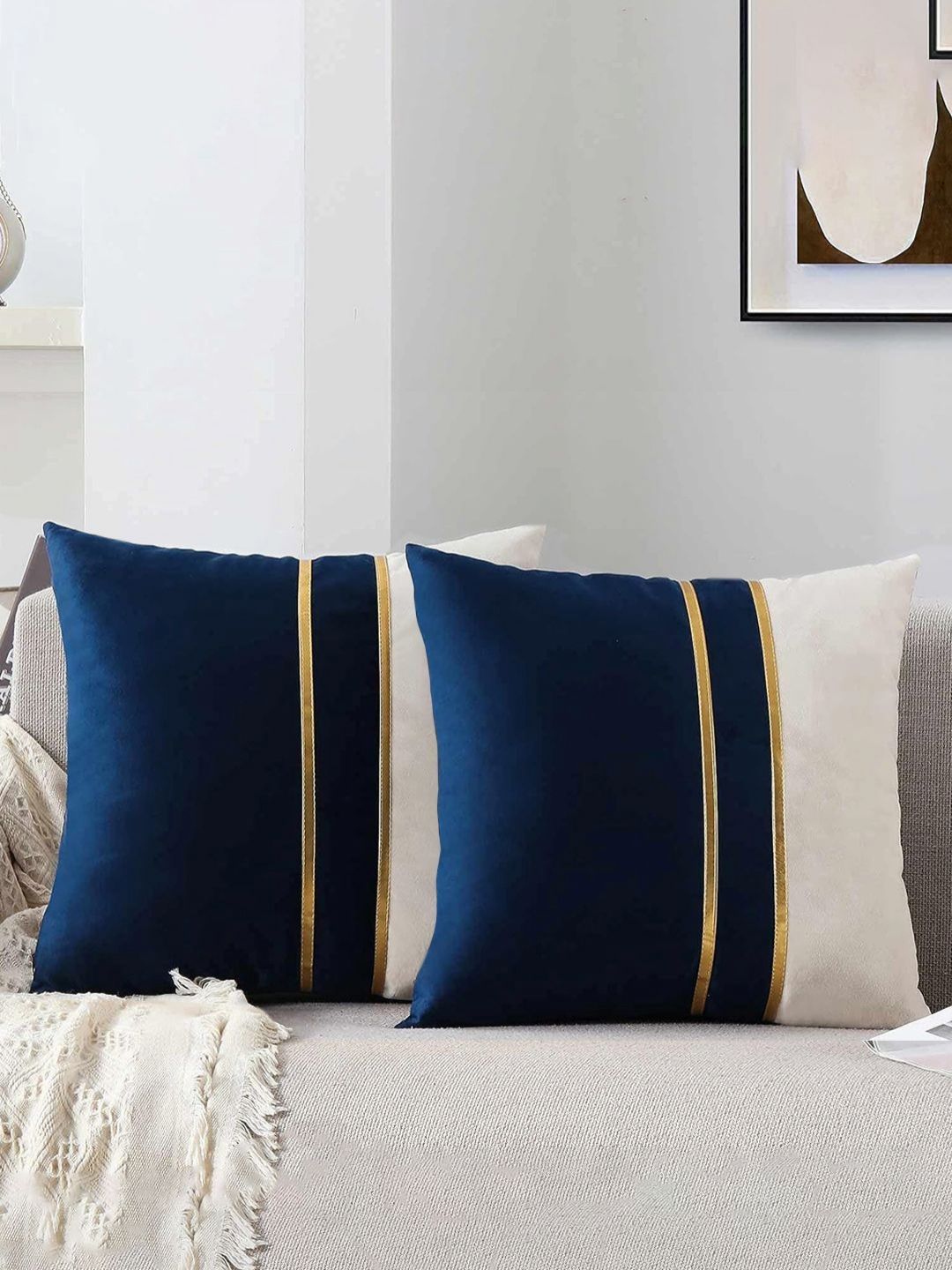 AEROHAVEN Blue & White 2 Pieces Colourblocked Velvet Square Cushion Covers-picture-34