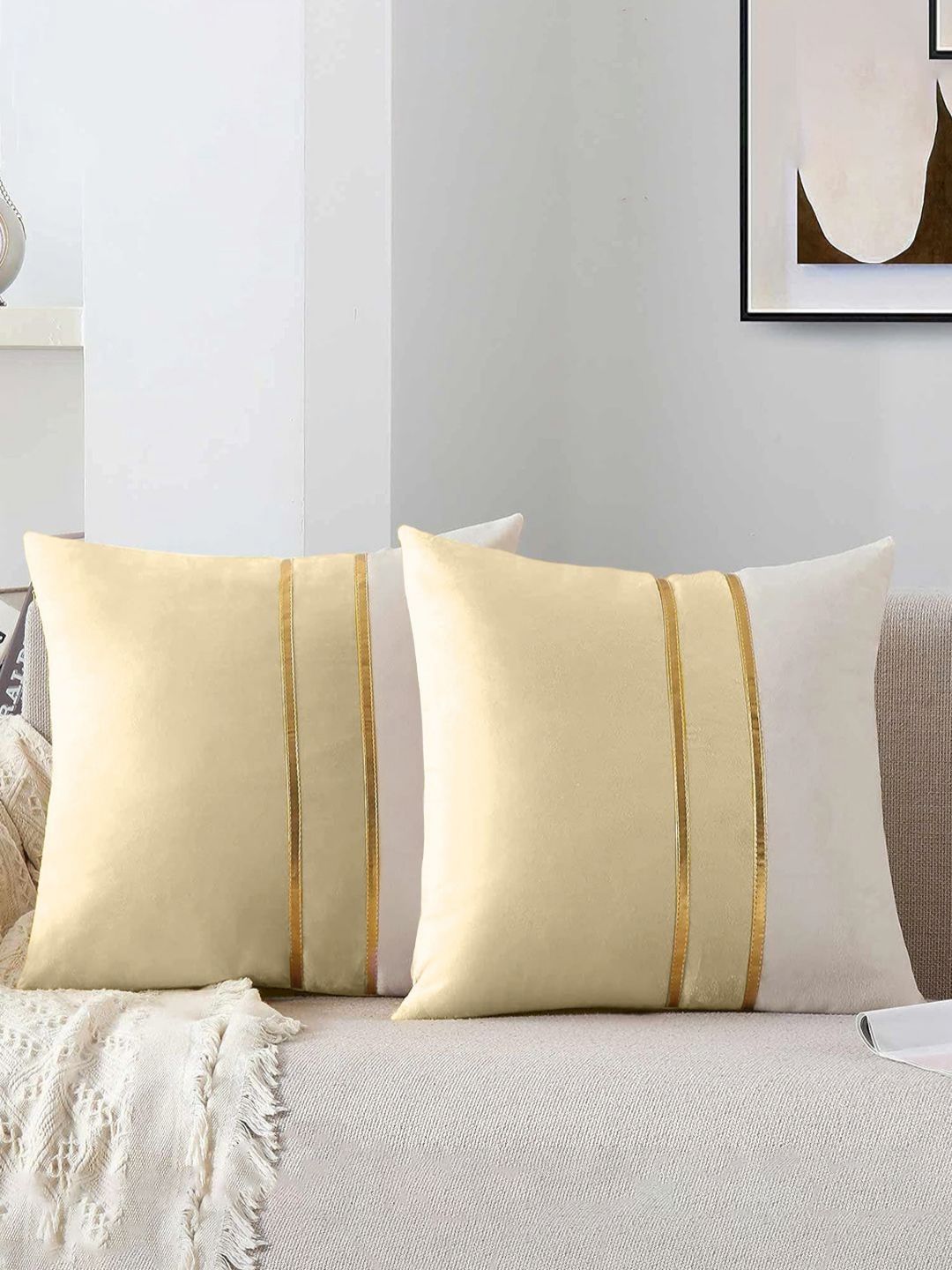 AEROHAVEN Off White & Cream-Coloured 2 Pieces Colourblocked Velvet Square Cushion Covers-picture-14