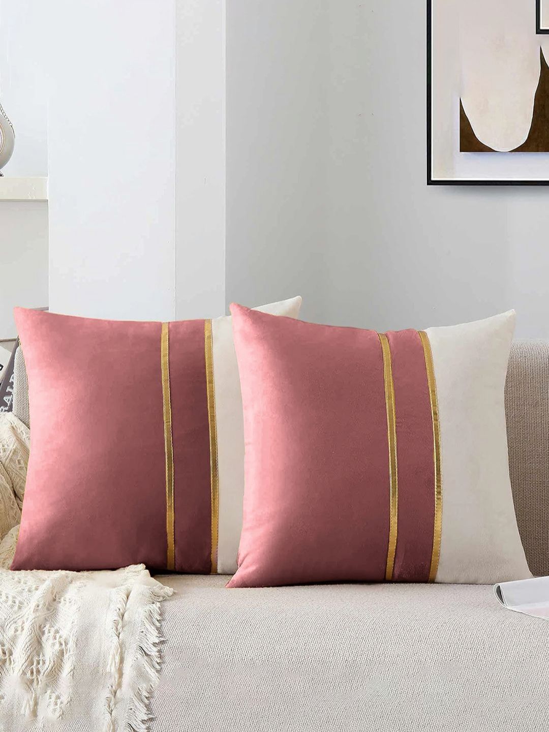 AEROHAVEN Rose & White 2 Pieces Colourblocked Velvet Square Cushion Covers-image-4