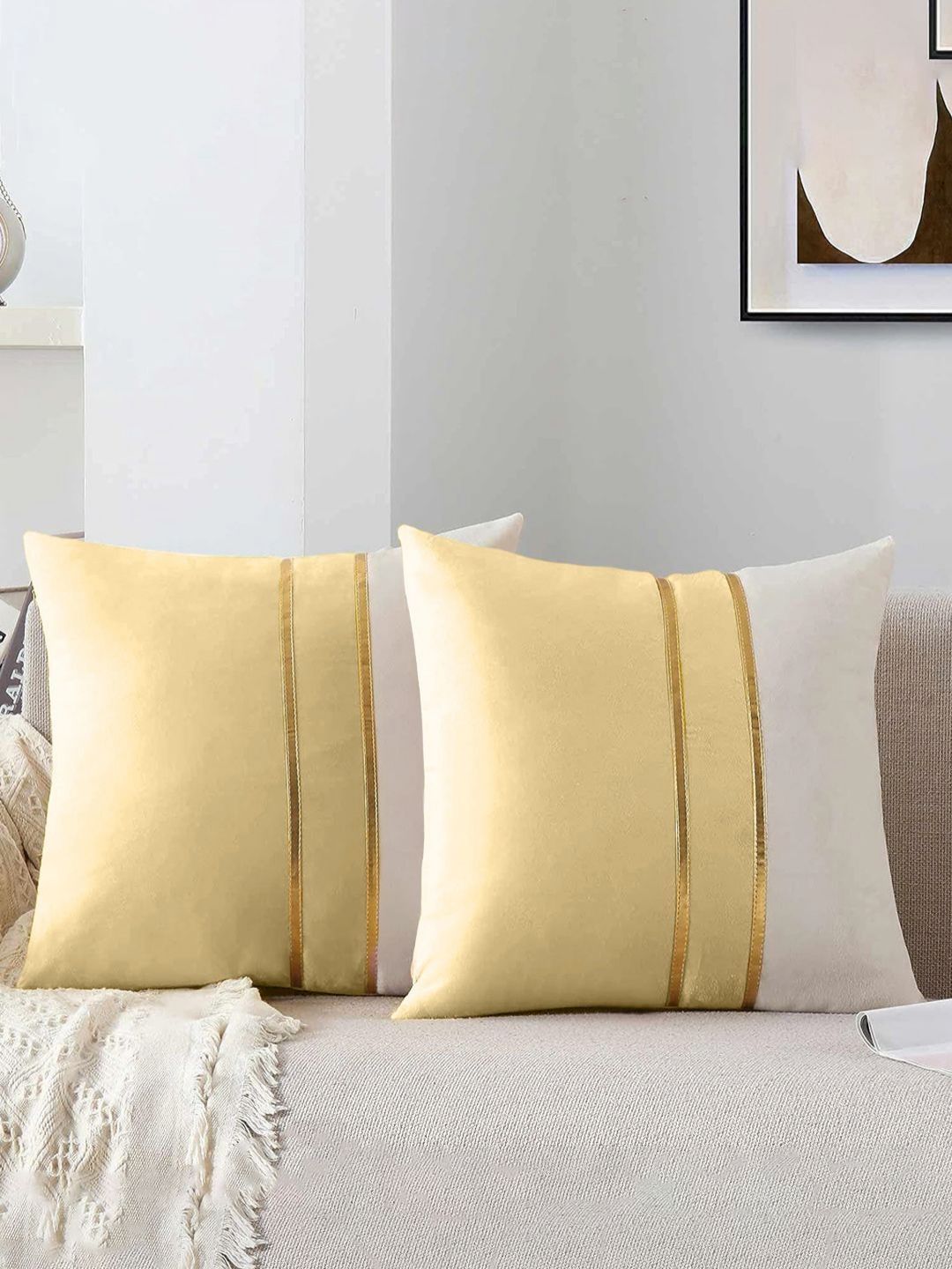 AEROHAVEN Cream-Coloured & Gold-Toned 2 Pieces Colourblocked Velvet Square Cushion Covers-picture-17