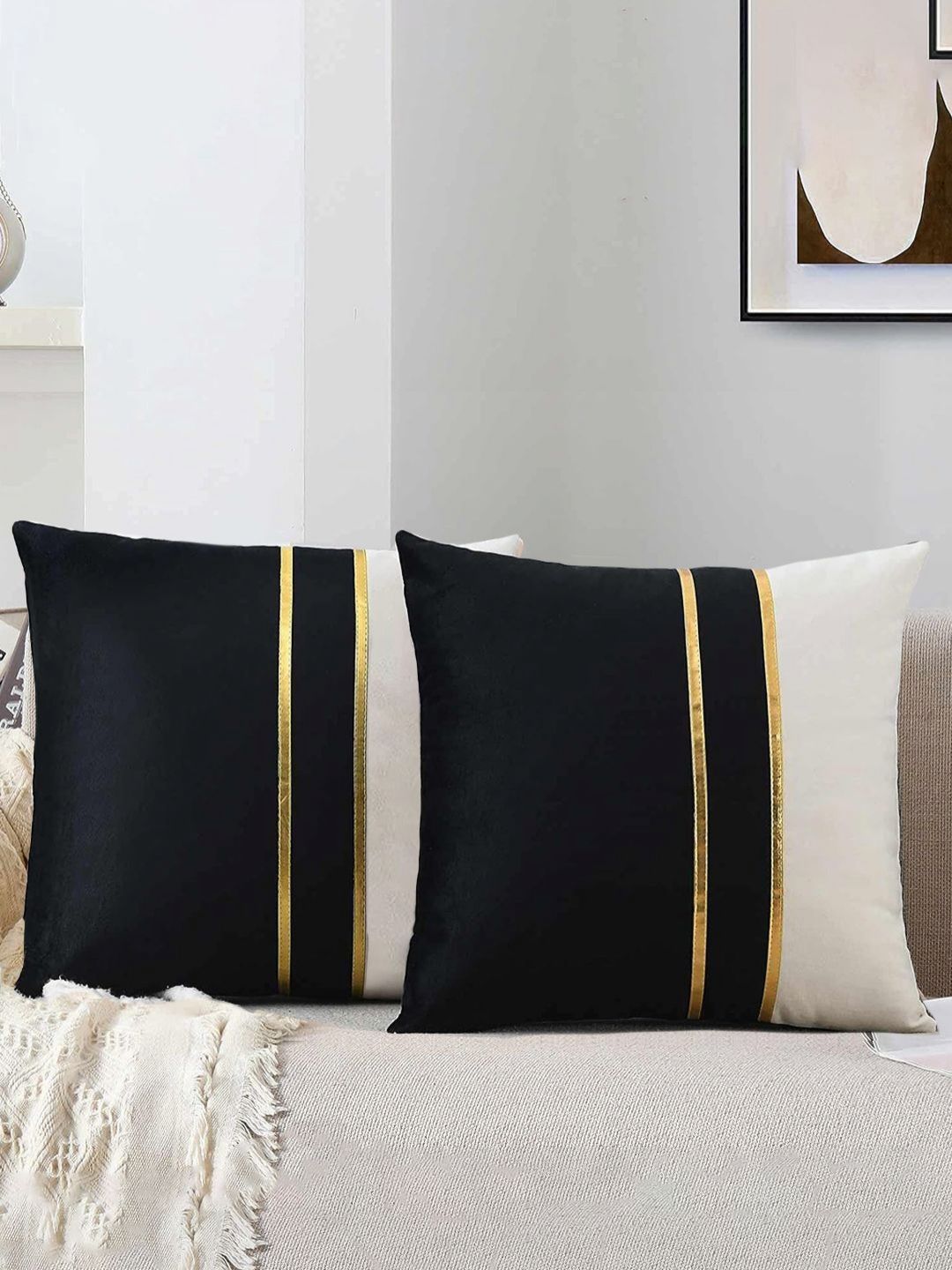 AEROHAVEN Black & White 2 Pieces Colourblocked Velvet Square Cushion Covers-picture-32