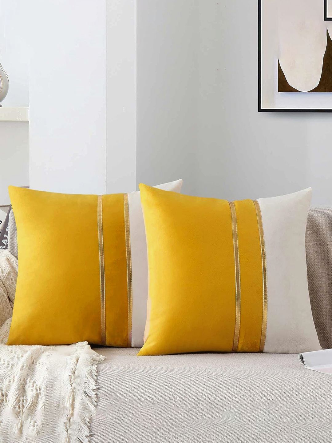 AEROHAVEN Yellow & White 2 Pieces Colourblocked Velvet Square Cushion Covers-picture-26