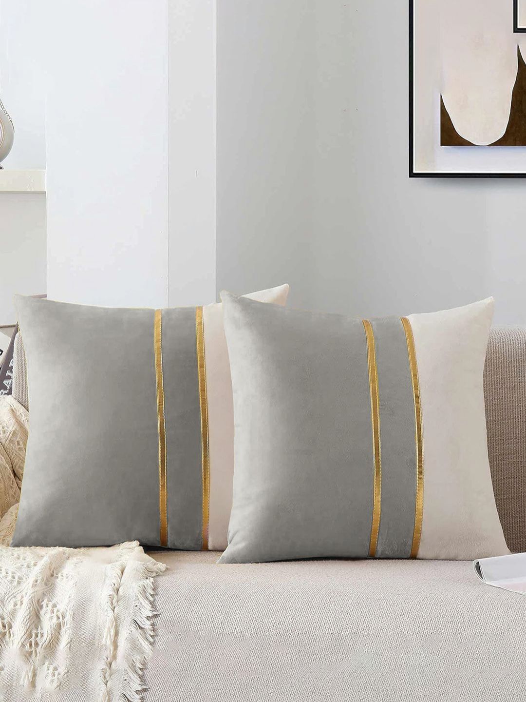 AEROHAVEN Silver-Toned & White 2 Pieces Colourblocked Velvet Square Cushion Covers-picture-28