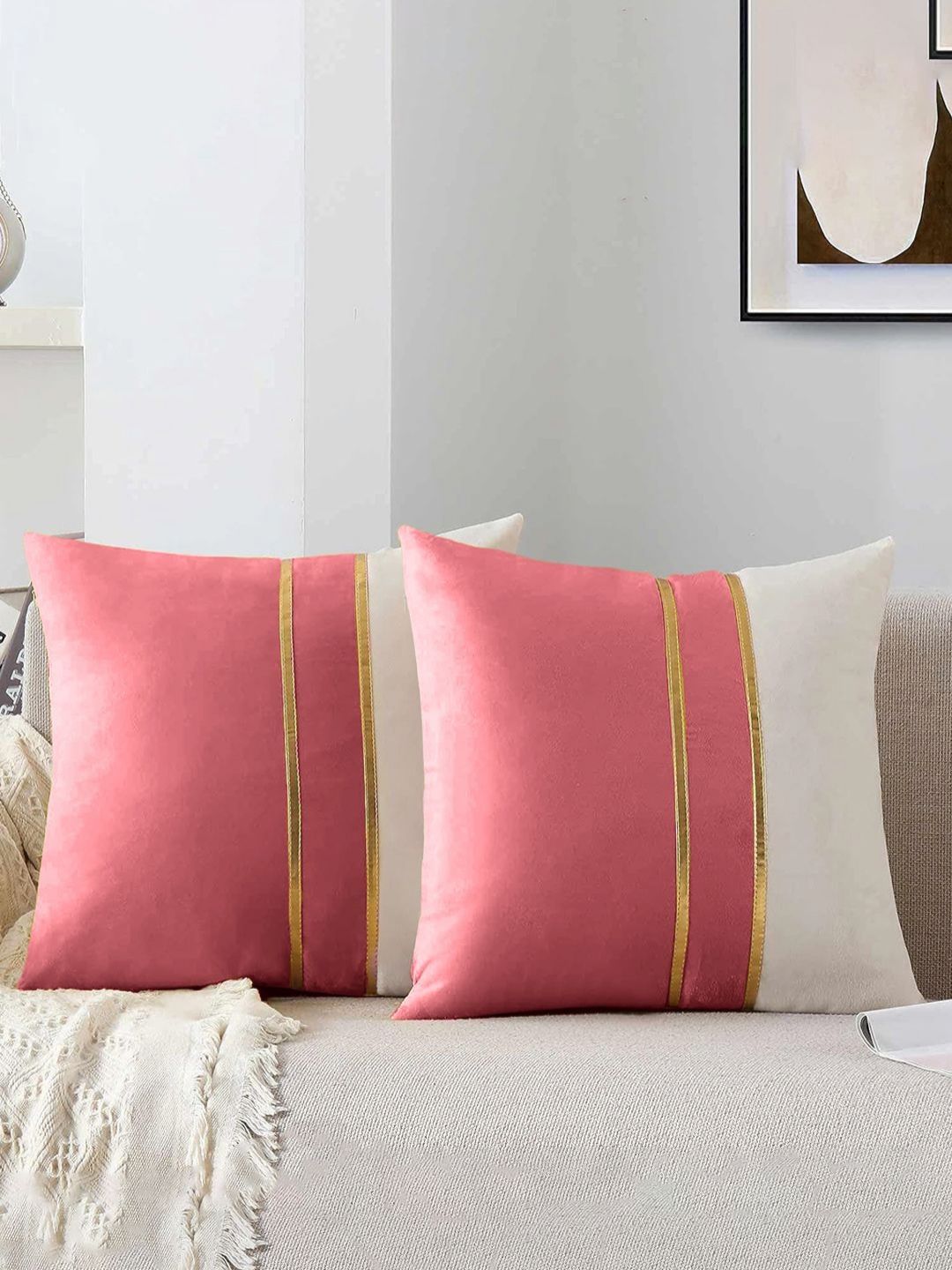 AEROHAVEN Pink & White 2 Pieces Colourblocked Velvet Square Cushion Covers-picture-11