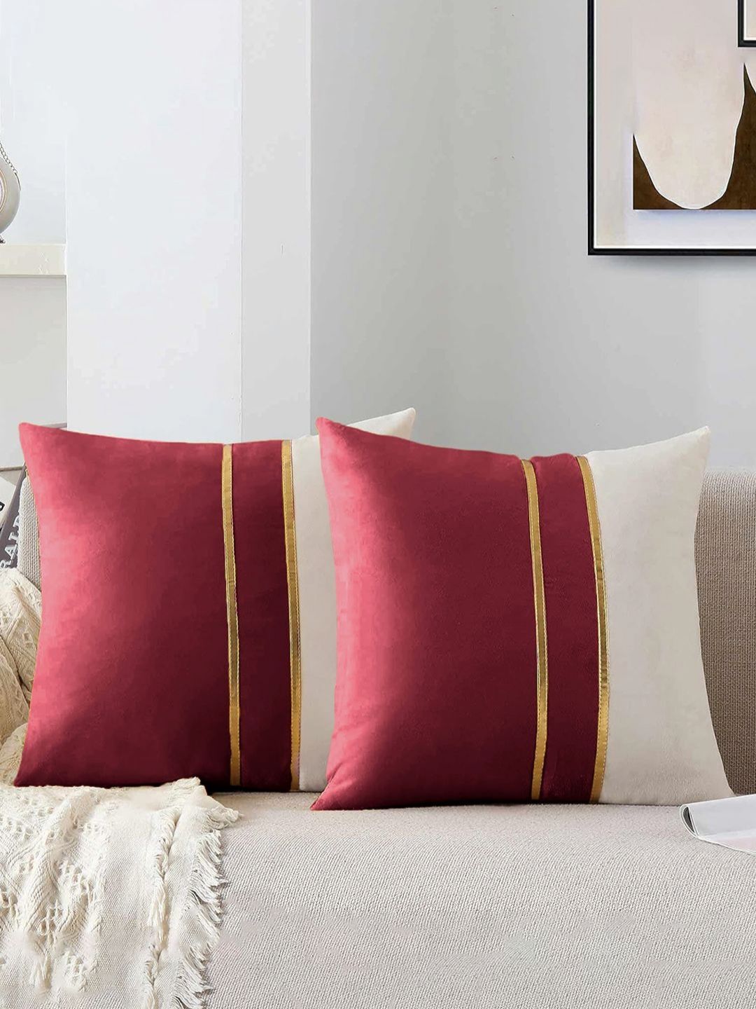AEROHAVEN Red & White 2 Pieces Colourblocked Velvet Square Cushion Covers-picture-24