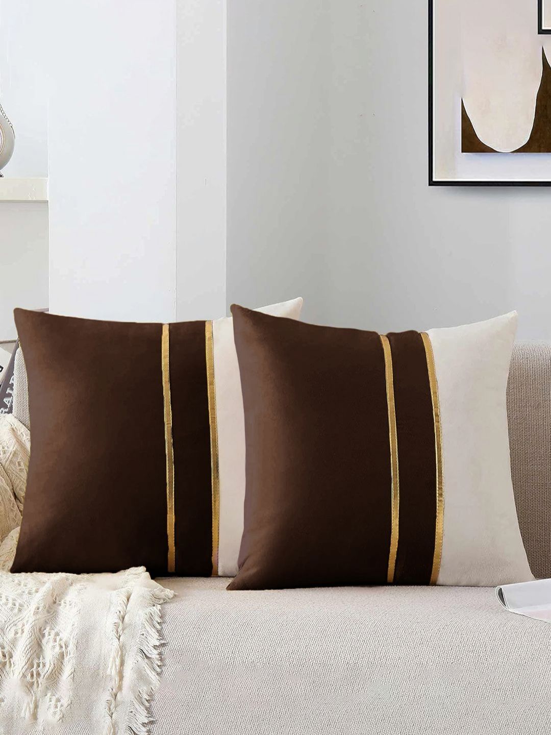 AEROHAVEN Brown & White 2 Pieces Colourblocked Velvet Square Cushion Covers-picture-39
