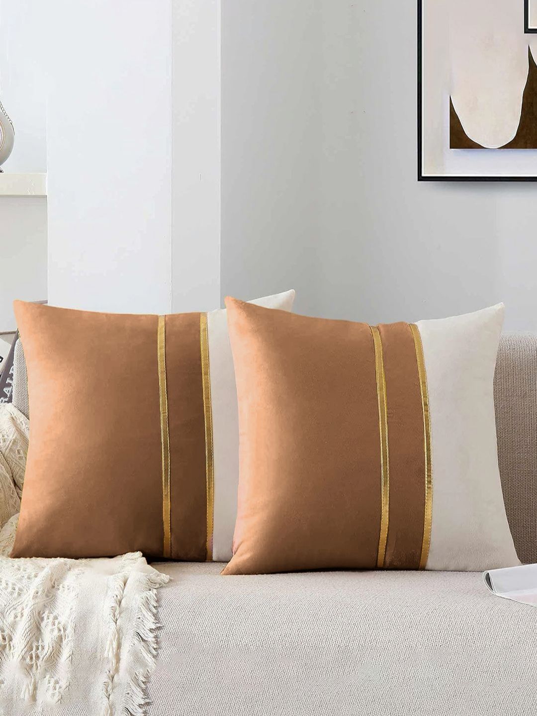 AEROHAVEN Brown & White 2 Pieces Colourblocked Velvet Square Cushion Covers-picture-35