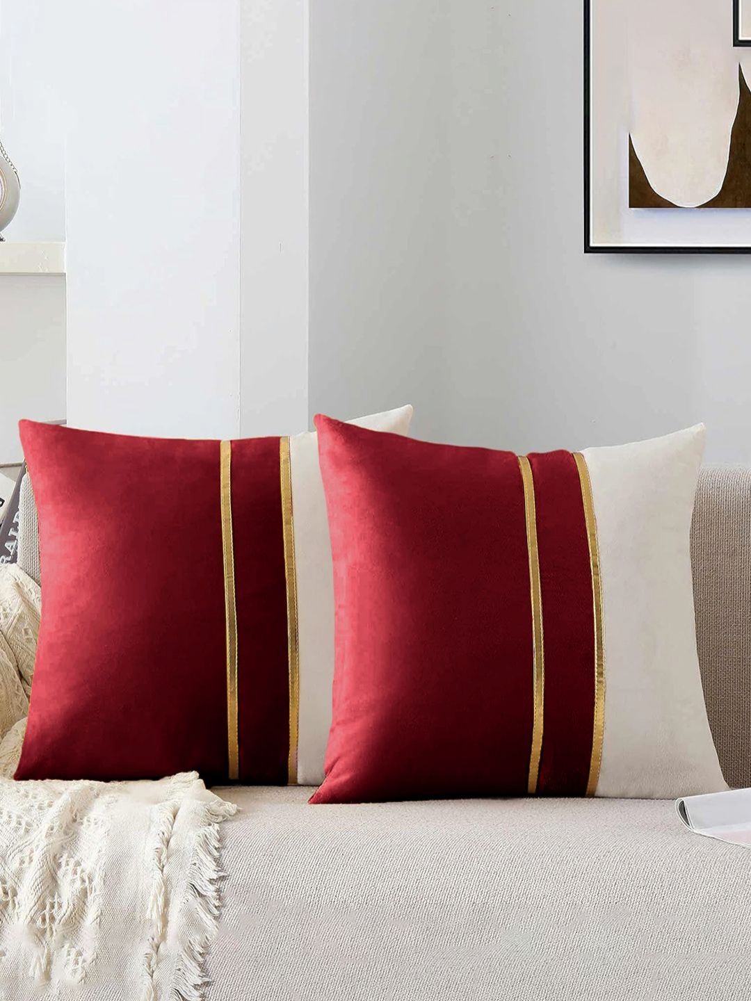 AEROHAVEN Red & White 2 Pieces Colourblocked Velvet Square Cushion Covers-picture-56