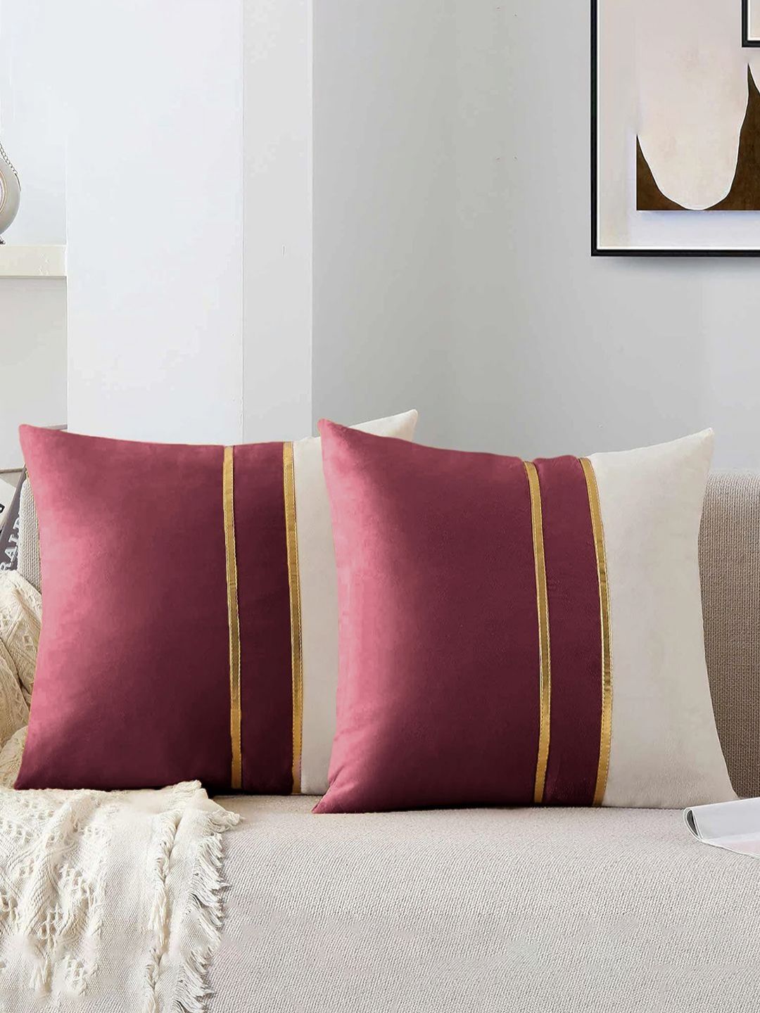 AEROHAVEN Purple & White 2 Pieces Colourblocked Velvet Square Cushion Covers-picture-30