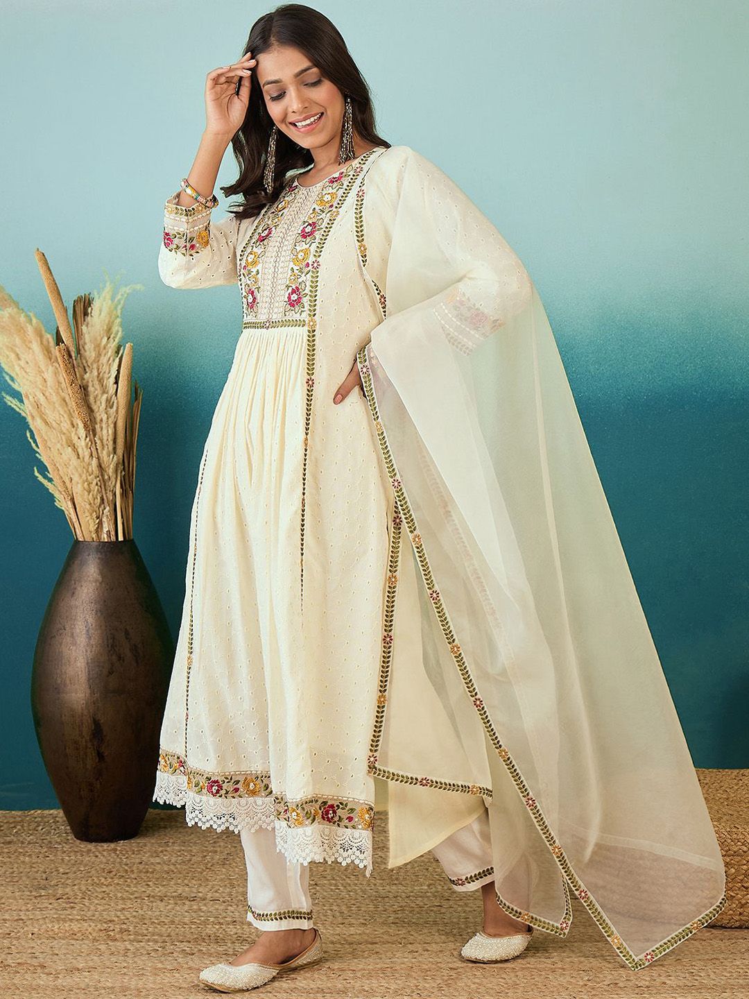 Women Floral embroidered white v_neck cotton Floral Kurta With Trousers & Dupatta Set