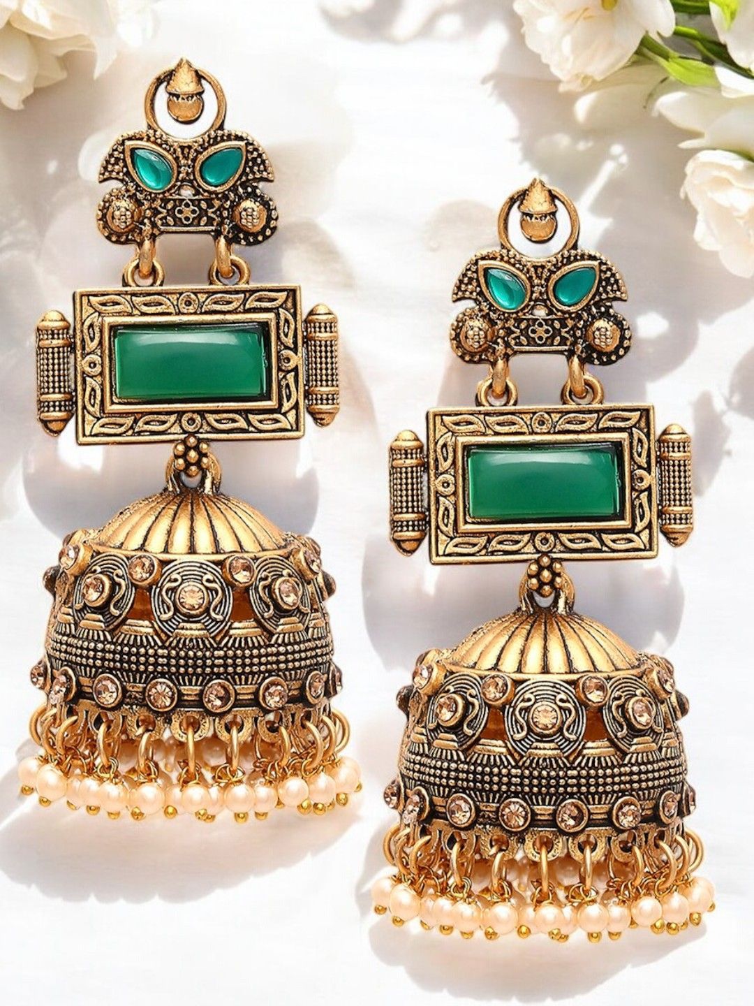 OOMPH Gold-Plated Artificial Stones Studded And Beaded Dome Shaped Jhumkas-image-24