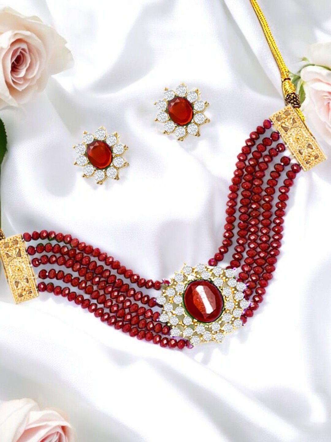 OOMPH Artificial Stones-Studded & Beaded Layer Jewellery Set-image-34