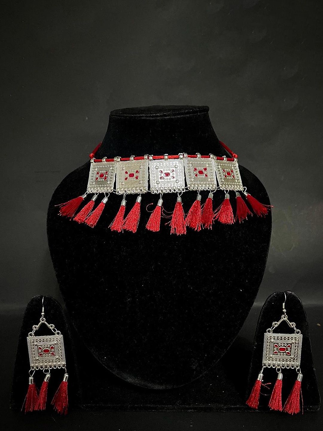 MADDY SPACE Silver-Plated Beaded-Studded Oxidized Jewellery Set-picture-50