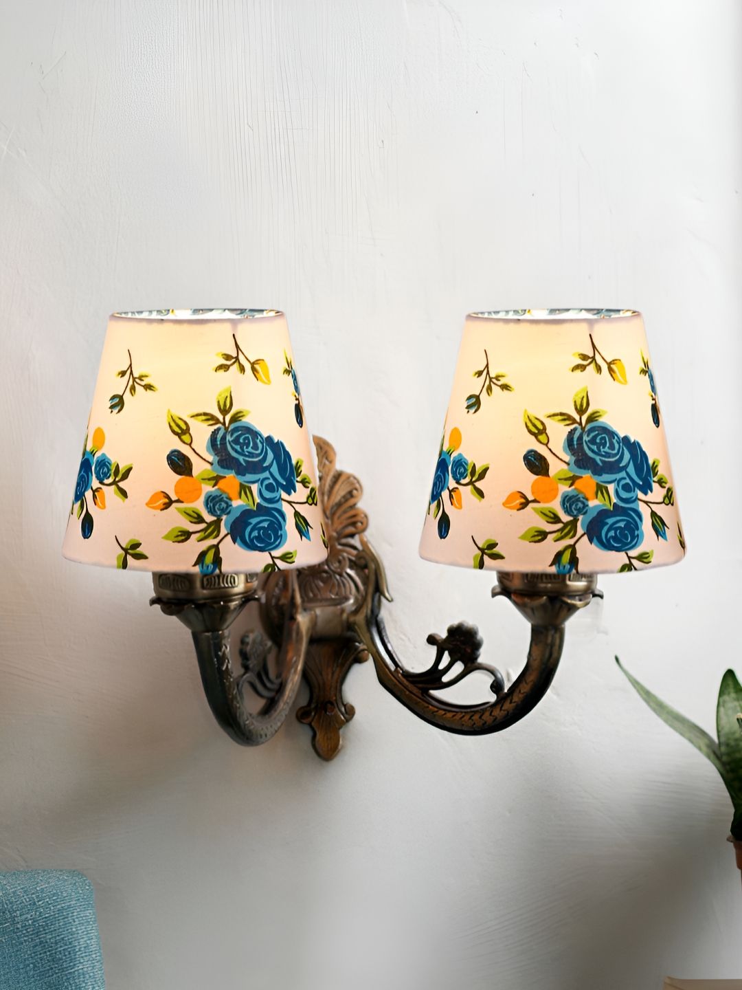 Aura White & Blue Printed Metal Traditional Cylinder Shaped Wall Lamp-picture-12