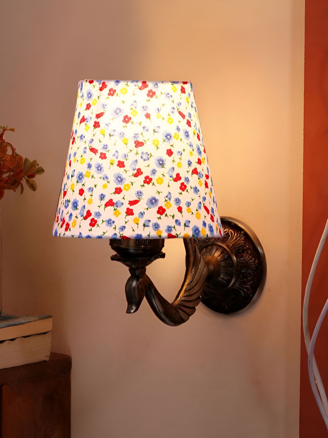 Aura White & Red Printed Metal Traditional Cylinder Shaped Wall Lamp-picture-23