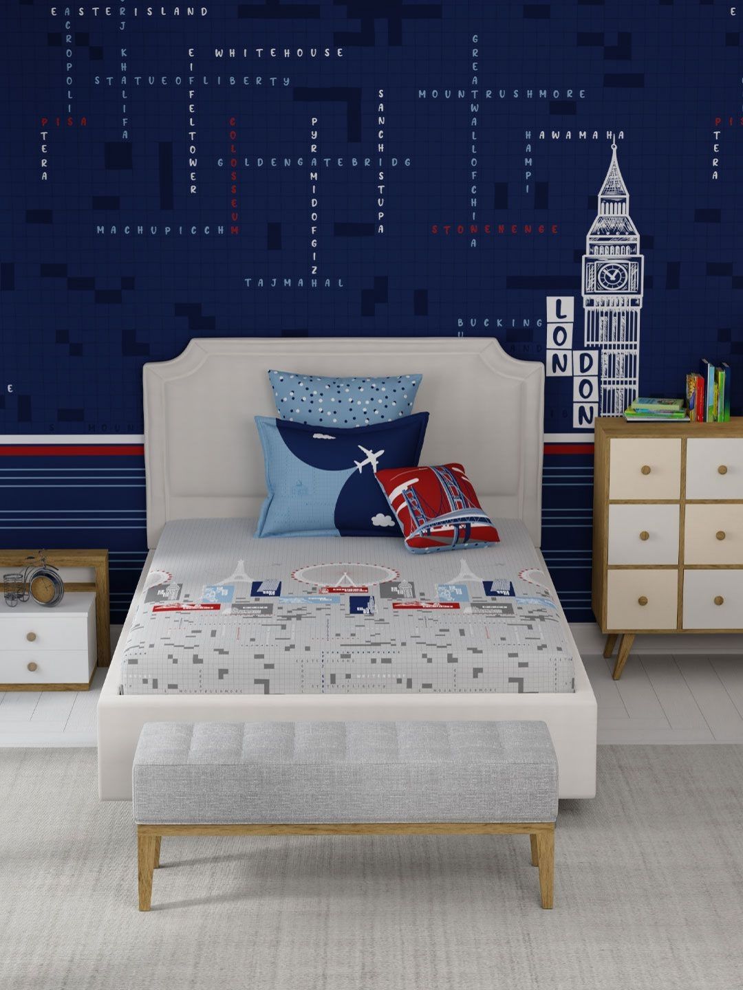 MYTRIDENT Juniors Grey Printed Pure Cotton 144 TC Single Bedsheets Set - 1.52 m x 2.28 m-image-26