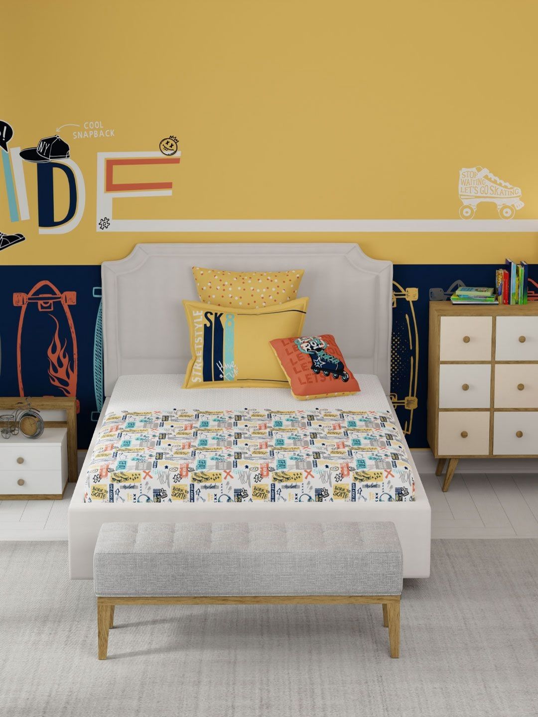 MYTRIDENT White & Yellow Graphic 144 TC Single Bedsheet with 1 Pillow Covers-image-35