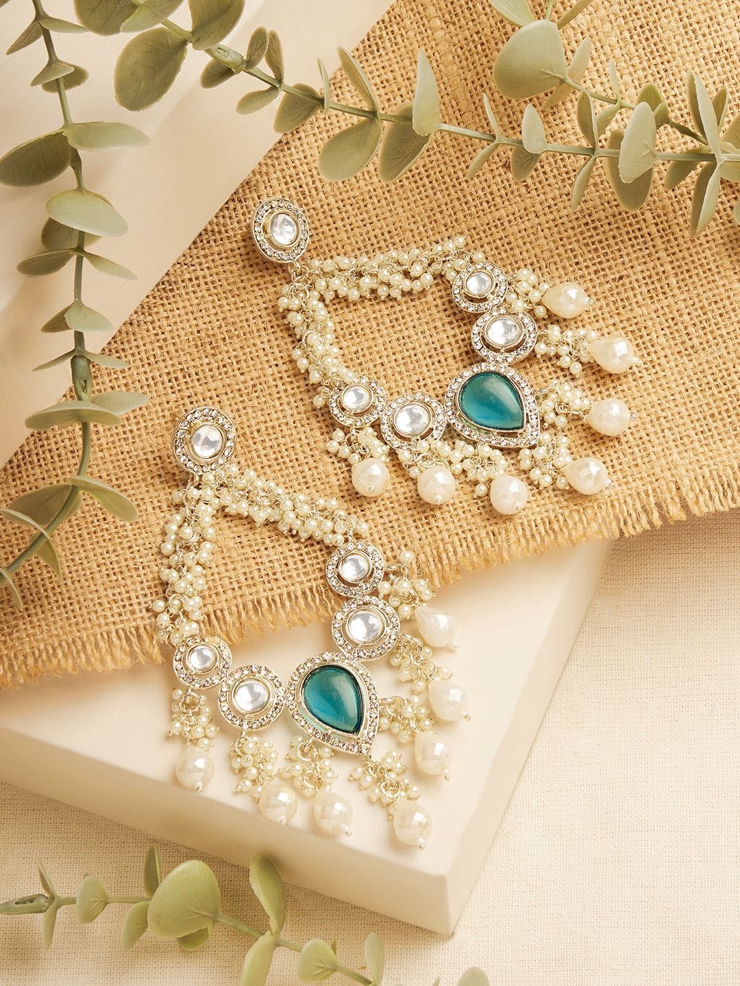 Zaveri Pearls Gold-Plated Artificial Stones Studded & Beaded Oval Shaped Drop Earrings-picture-56