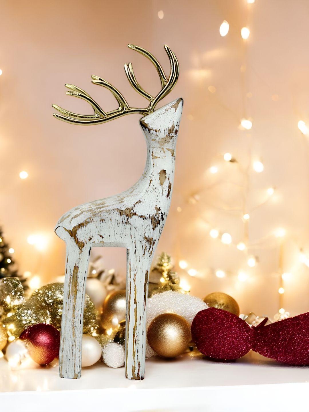 Hind Decor White Wooden Reindeer With Horns Birds and Animals Figurine Showpiece-image-47