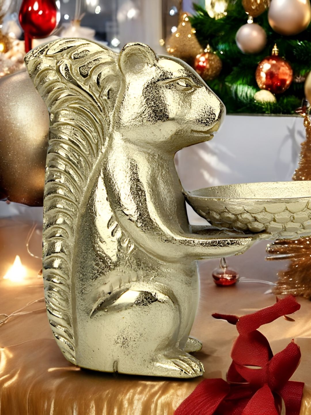 Hind Decor Gold-Toned Bunny Holding Bowl Aluminium Birds and Animals Figurine Showpiece-image-1