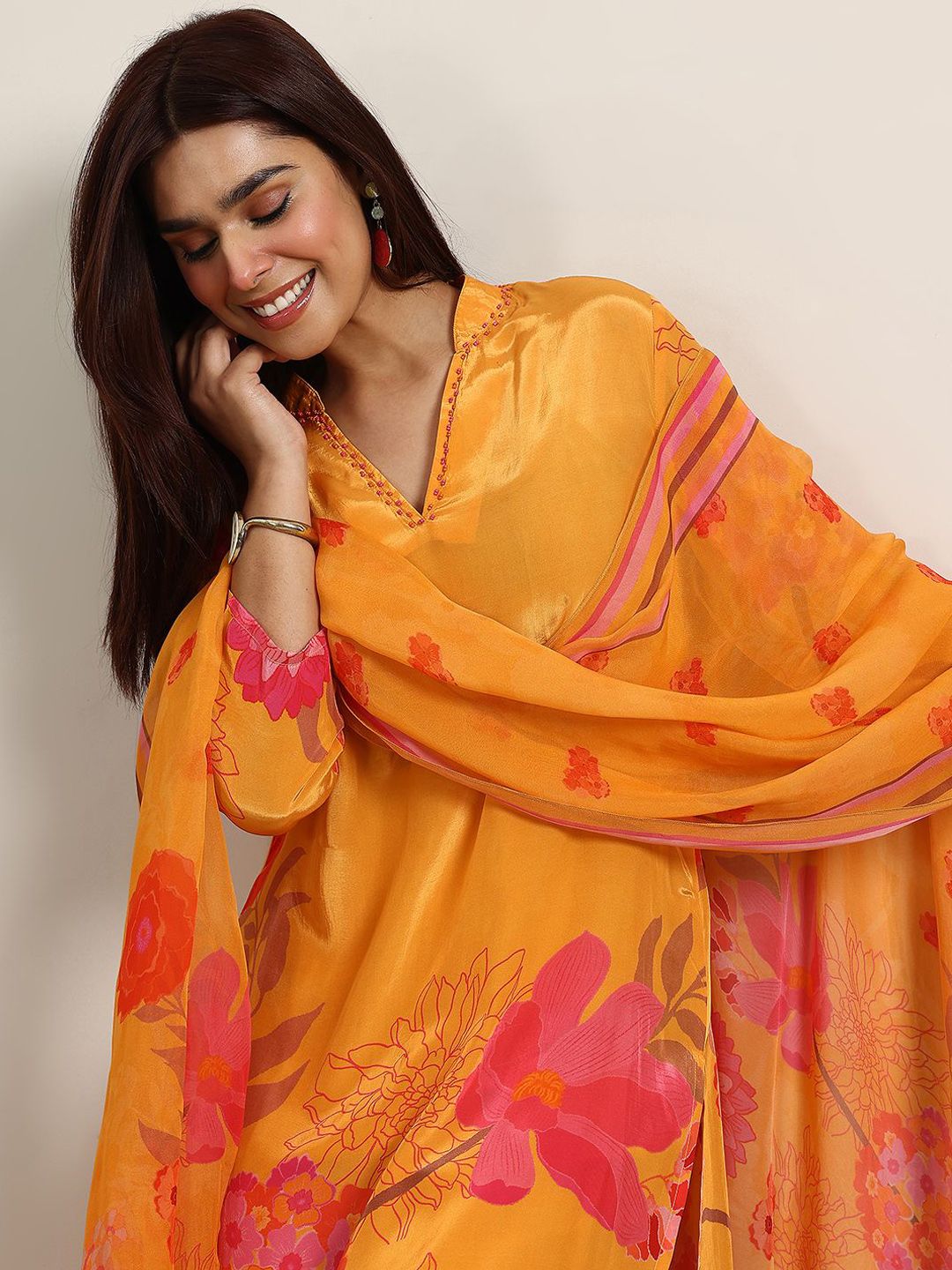 Libas Floral Printed Beads and Stones Work V Neck Straight Kurta With Trousers And Dupatta
