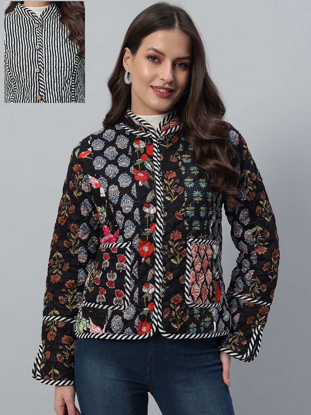 HANDICRAFT PALACE Women Floral Printed Cotton Casual Tailored Reversible Jacket