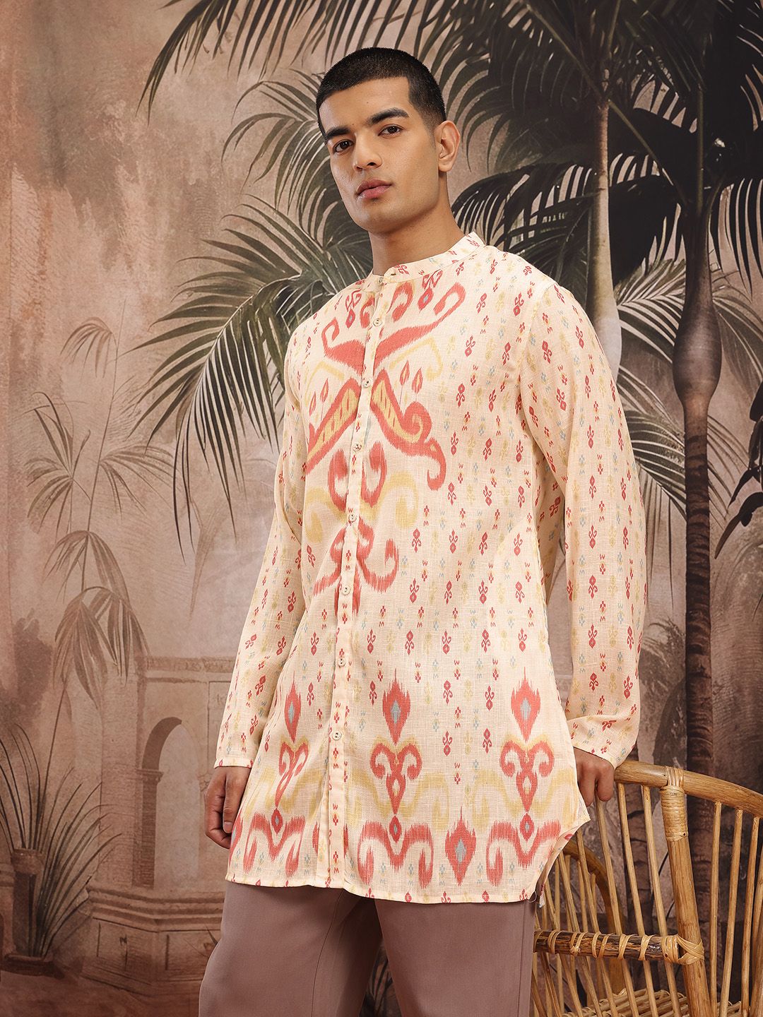 Sangria Men Ethnic Motifs Printed Band Collar Kurta with Asymmetric Hem-picture-35