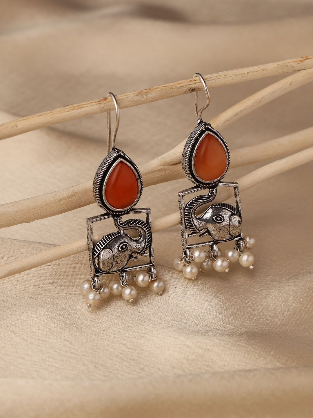 VENI 925 Silver-Plated Artificial Stones Studded And Beaded Oxidised Drop Earrings-picture-32