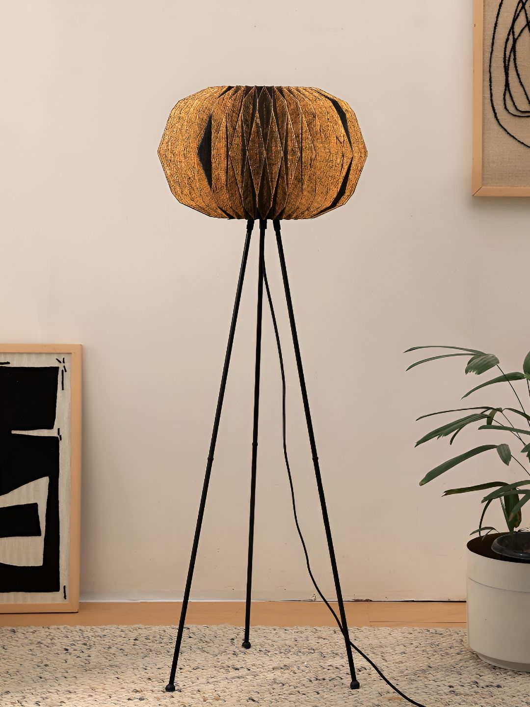 FIG Origami Black Cotton Textured Spherical Shaped Floor Lamp-image-49