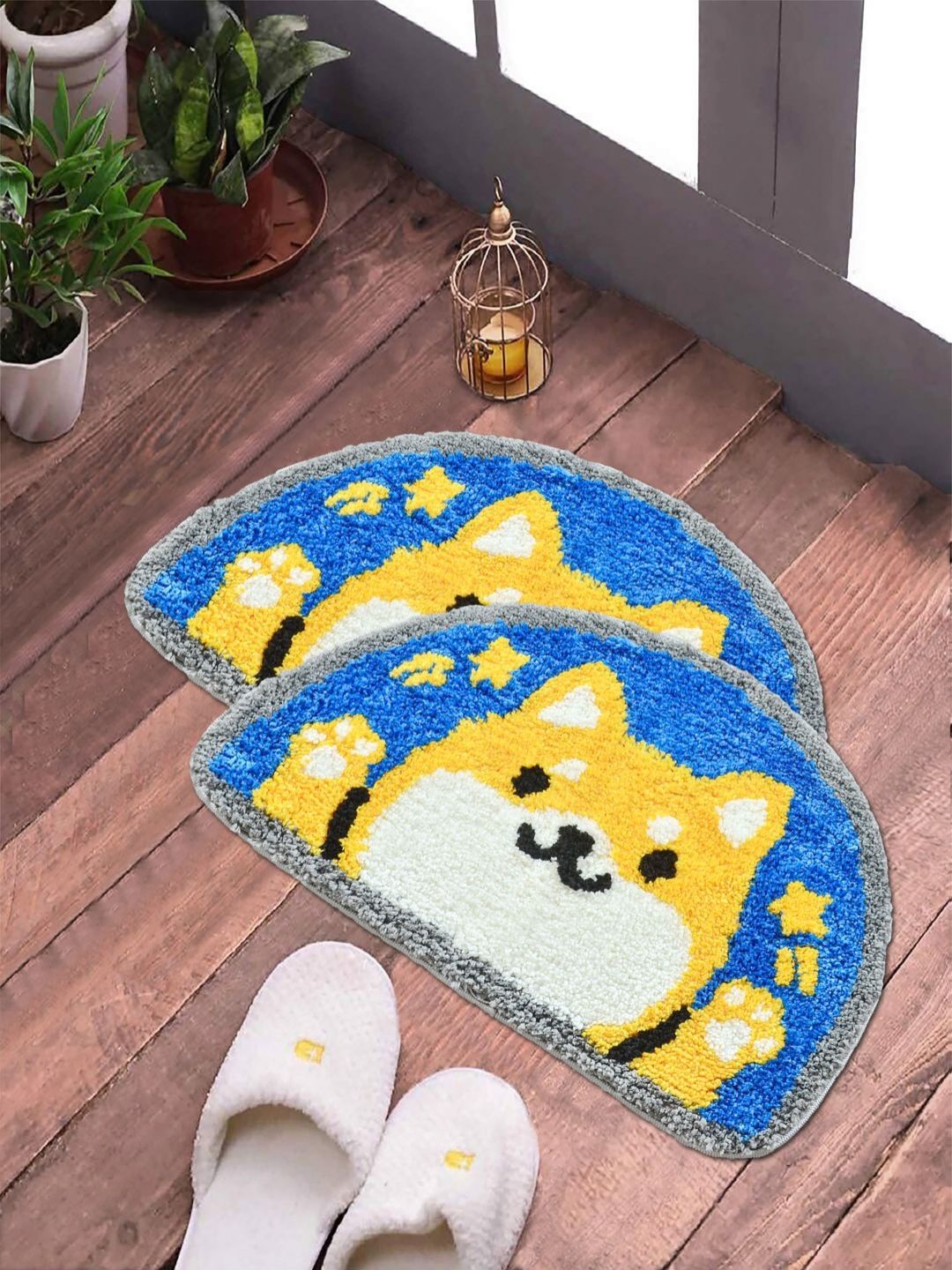 FABINALIV 2-Pcs Printed Blue & Yellow Anti Slip Doormats-picture-46