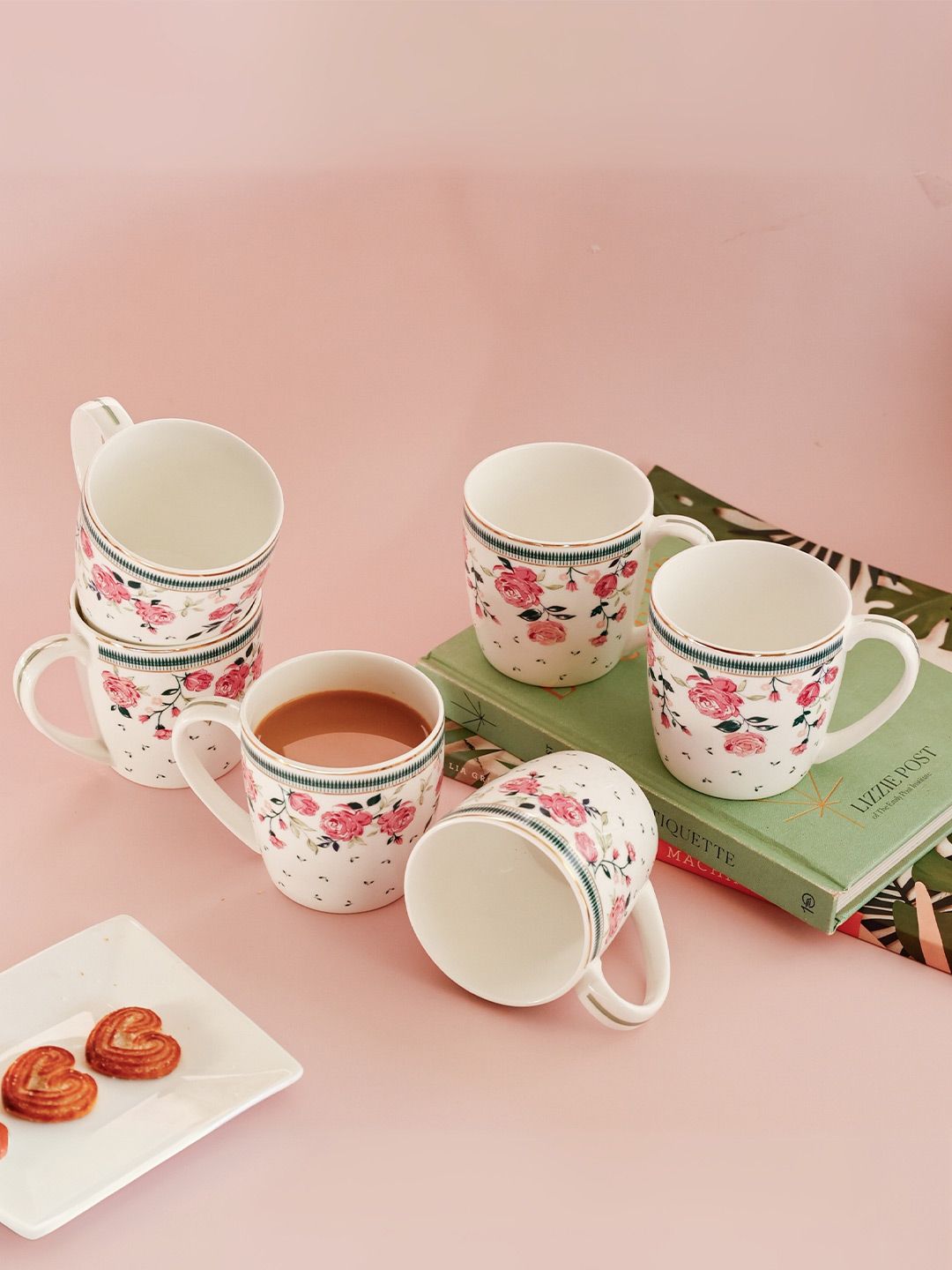 CLAY CRAFT The Wishing Chair White 6 Pieces Floral Printed Ceramic Cups 220 ml each-image-39