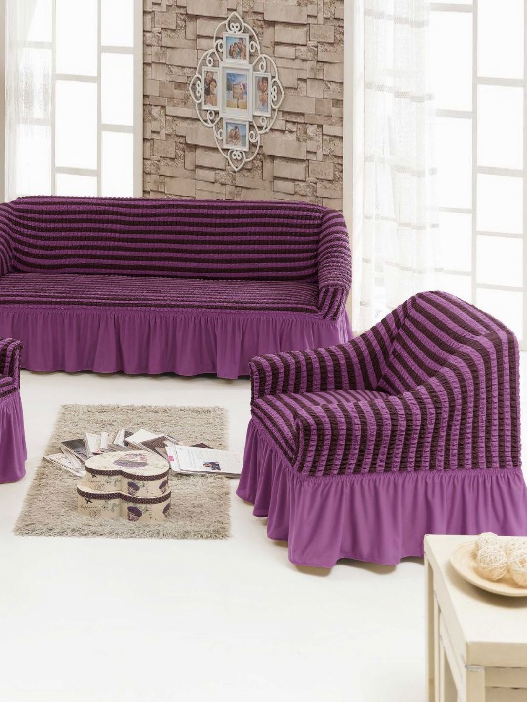MULTITEX Purple Striped Polyester 3 Piece Sofa Cover-image-49