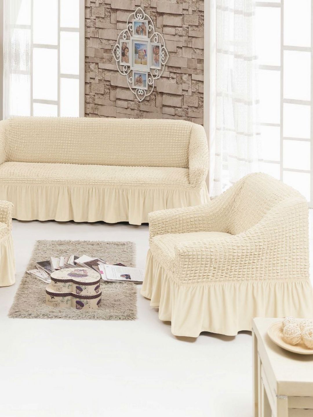 MULTITEX Beige Solid Polyester 3 Piece Sofa Cover-picture-16