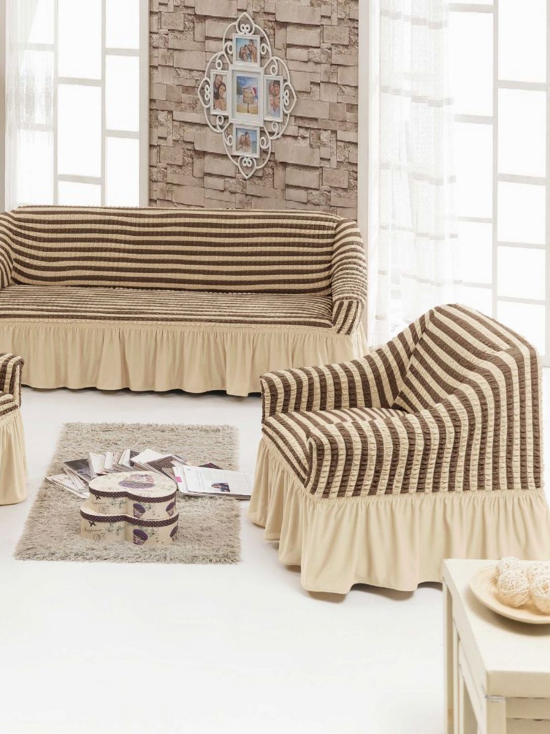 MULTITEX Cream-Coloured & Black Striped Polyester 3 Piece Sofa Cover-image-34