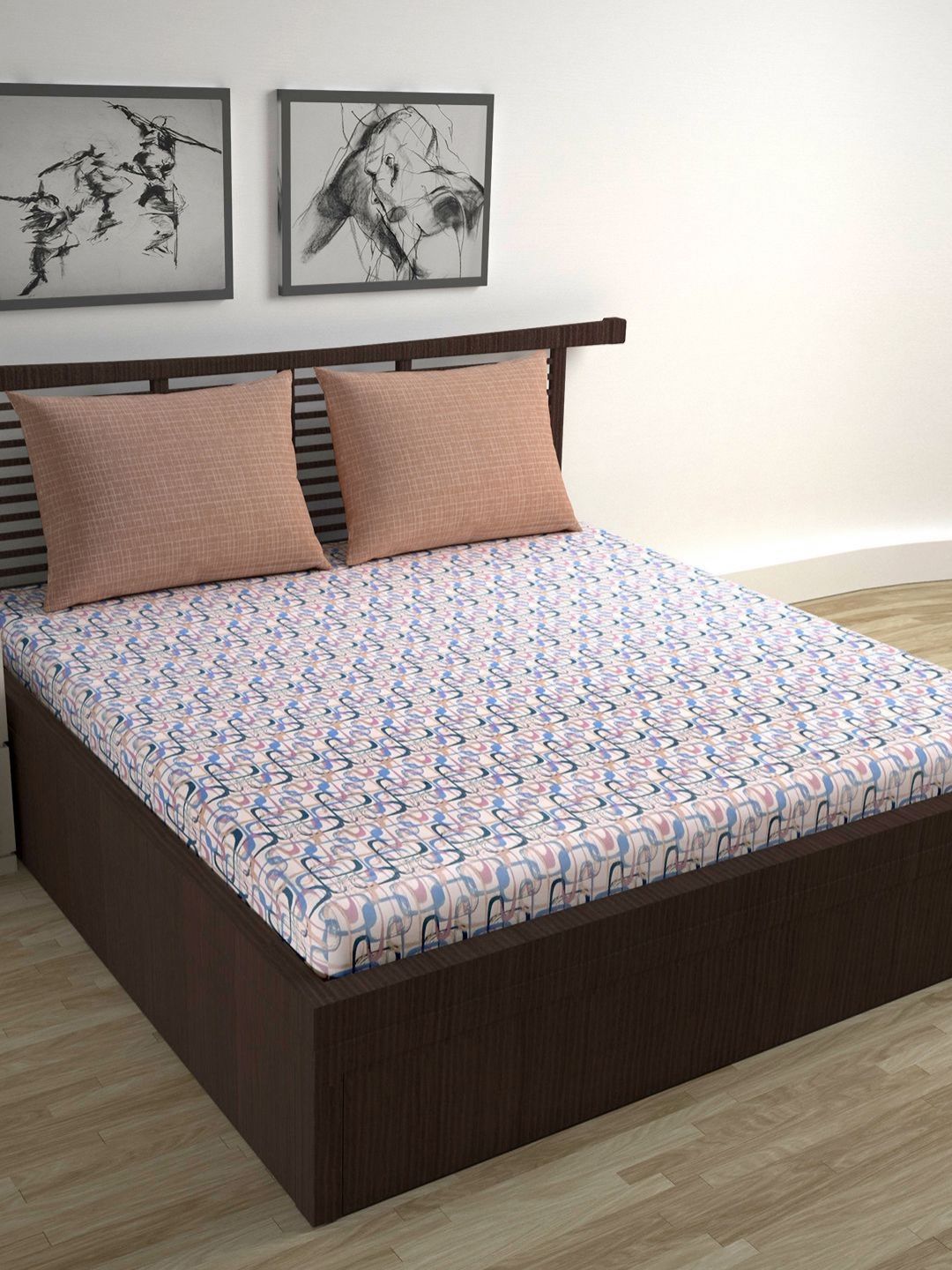 Divine Casa Trident White Printed Pure Cotton 144 TC Queen Bedsheet Set 2.54 m x 2.22 m-picture-17