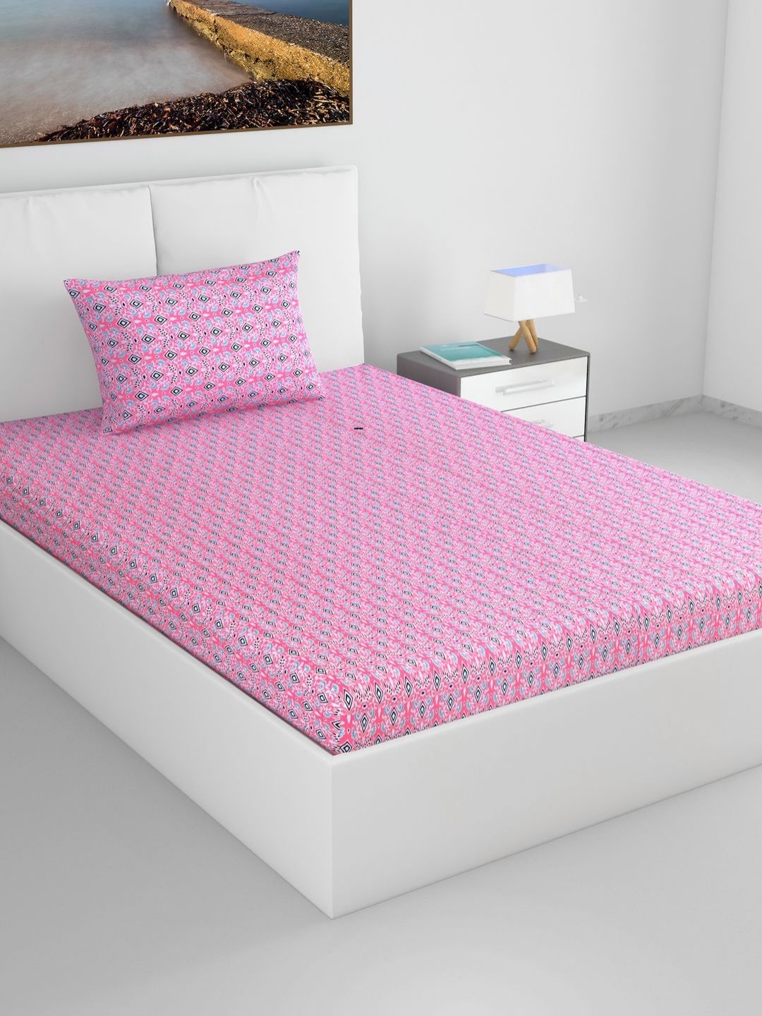 Divine Casa Pink & Green Floral 100% Cotton 144 TC Single Bedsheet Set-2.23m x 1.45 m-picture-18