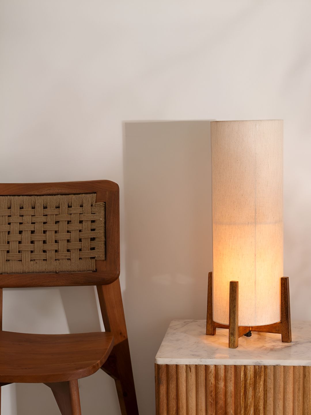 FIG Off White Textured Wooden Cylindrical Shaped Four Finger Table Lamp with Bulb-image-22