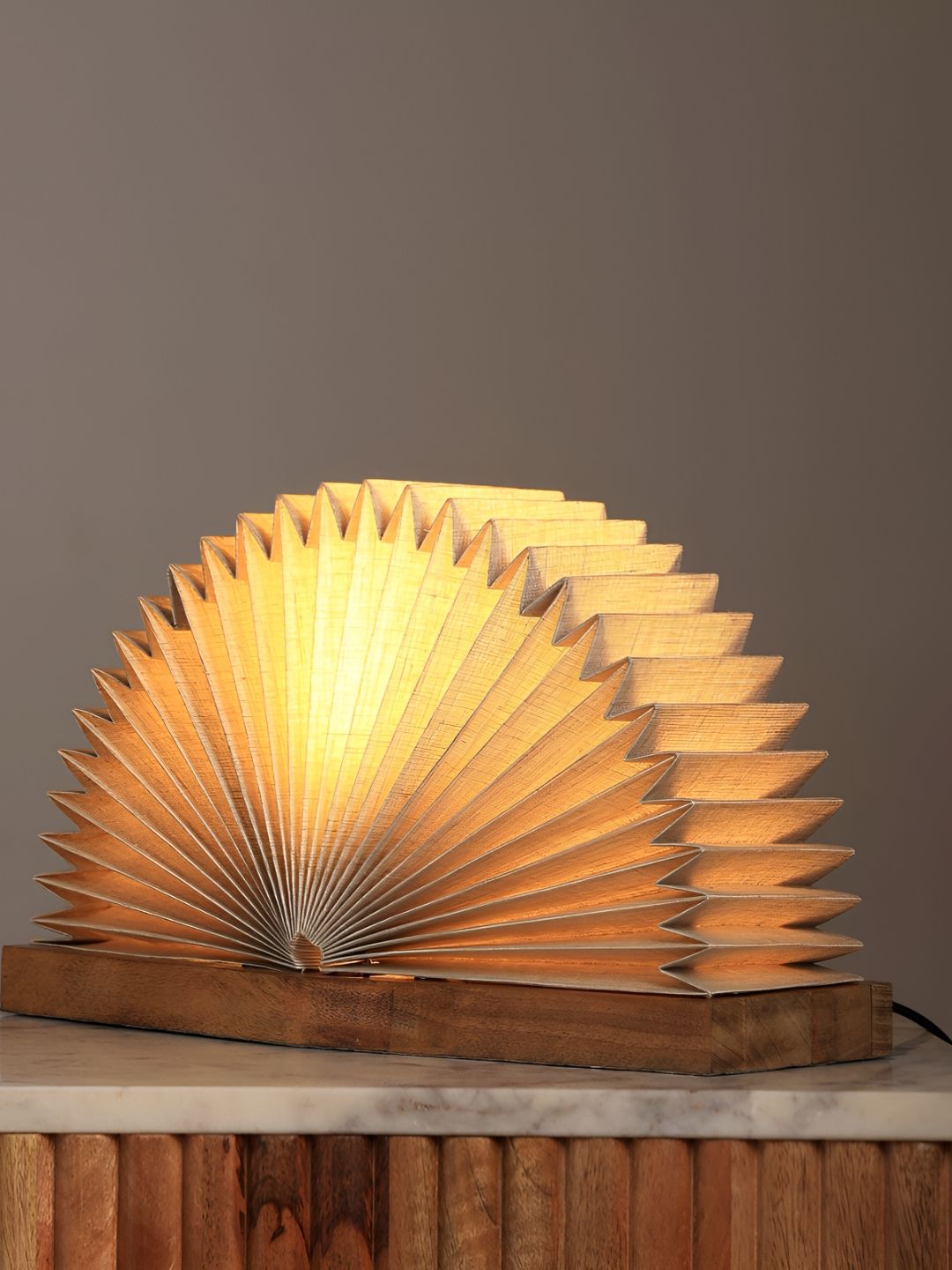 FIG Beige Textured Wooden Semi-Sphere Table Lamp with Bulb-image-25