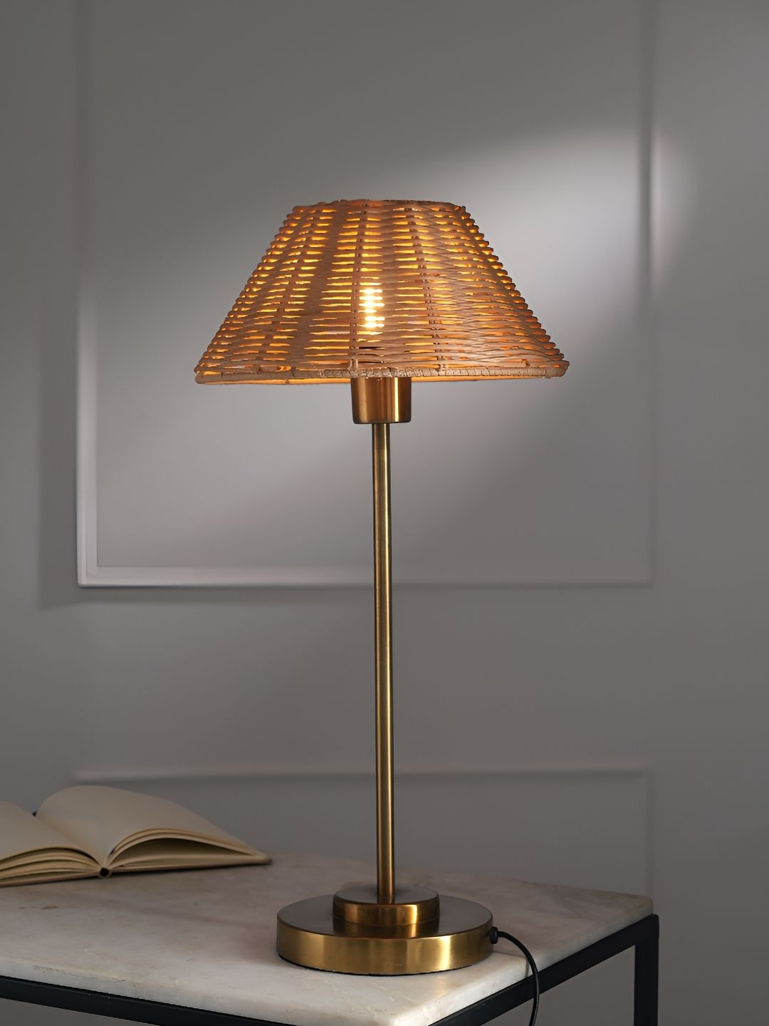 FIG Brown Textured Metal Triangle Natural Cane Table Lamp with Bulb-picture-49