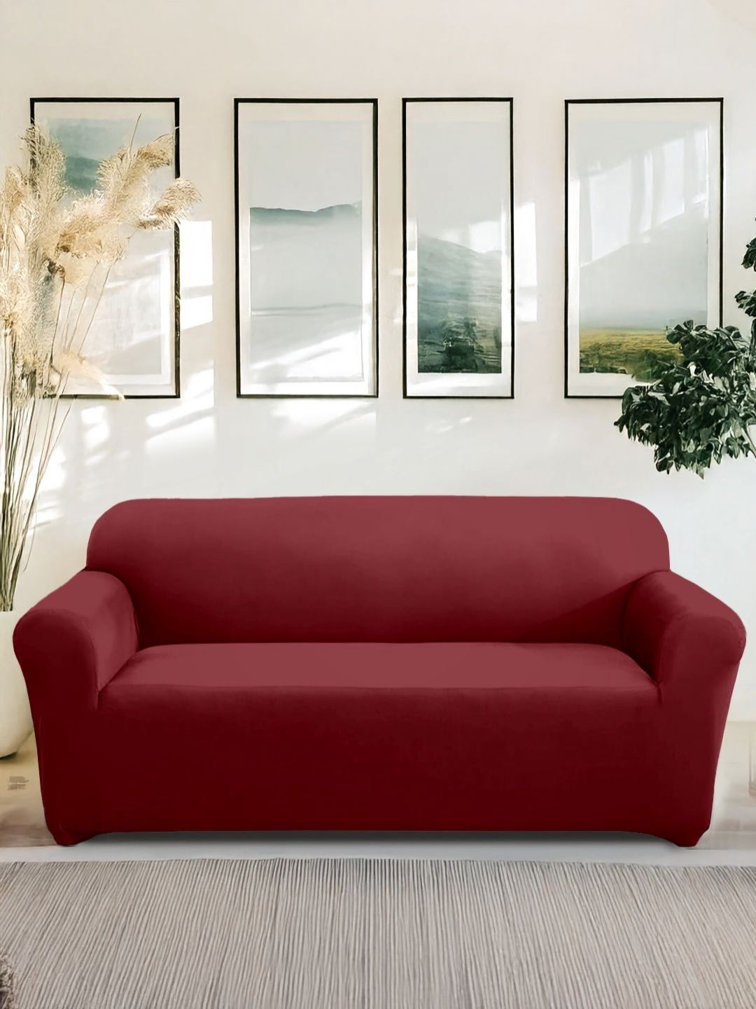 Cortina Maroon Solid Polyester 1 Piece Sofa Cover With Arms-picture-10