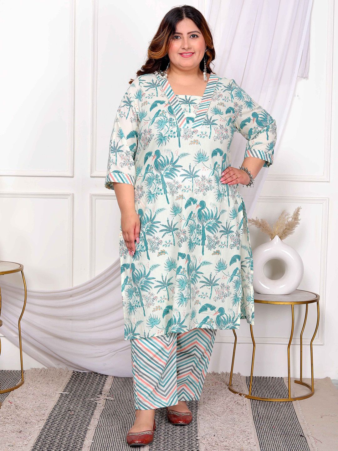 MIRAVAN Women Floral Printed Regular Pure Cotton Kurta with Palazzos-picture-40