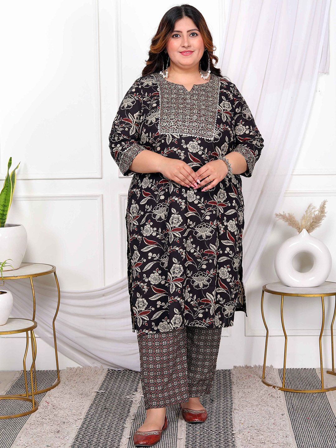 MIRAVAN Women Floral Embroidered Regular Pure Cotton Kurta with Palazzos-picture-10