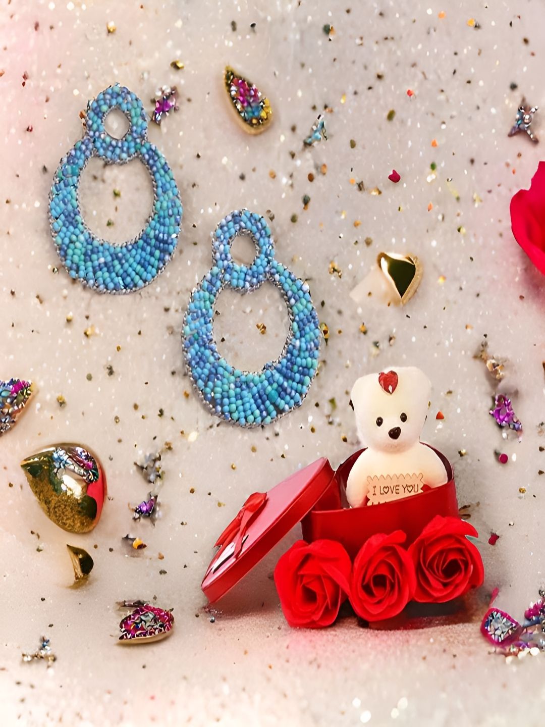 UNIVERSITY TRENDZ Blue & White Earrings & Red Teddy Combo Gift Set-image-26