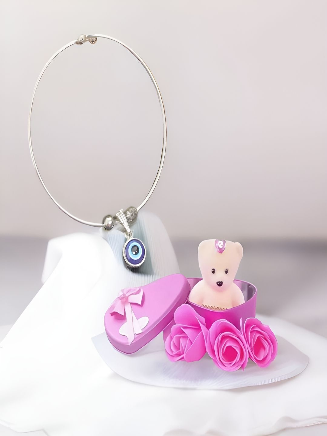 UNIVERSITY TRENDZ Pink & White Evil Eye Charm Bracelet & Teddy Bear Gift Set-image-24